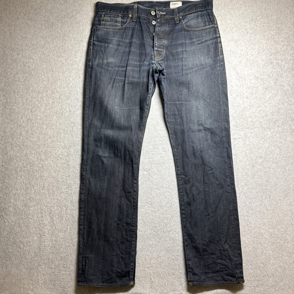G Star Raw Jeans 38x33 Blue 3301 Straight‎ Dark Wash Whiskered Button Fly Italy